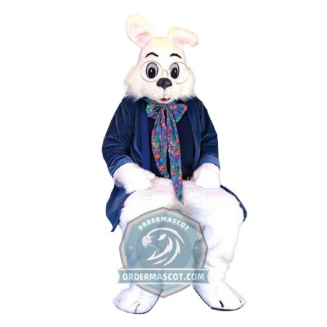 White Rabbit Mascot Costume With Blue Suit