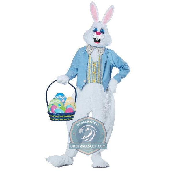 Happy Easter Bunny Mascot Costume With Blue Suit