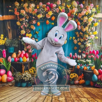 Happy Grey Rabbit Mascot Costume
